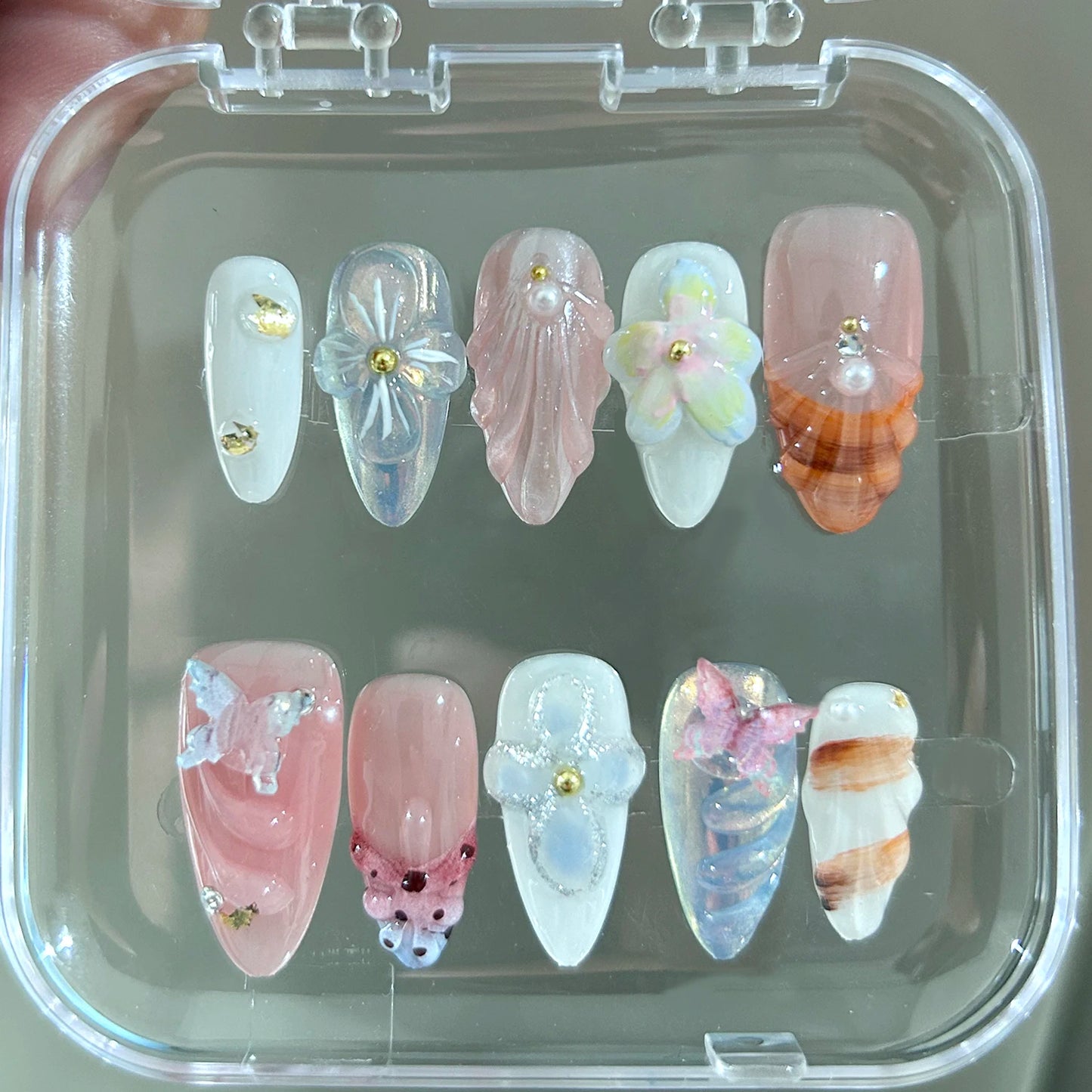 10Pcs Handmade Manicure Medium Almond Ballet Fake Nails Shell Limite Nails Press On Nails Design with Adhesive Nail File Set