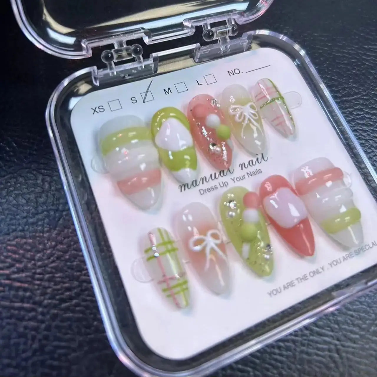 10Pcs Handmade Manicure Medium Almond Fake nails 2024 New Pink Green Limited Press On Nails Design with Adhesive Nail File Set