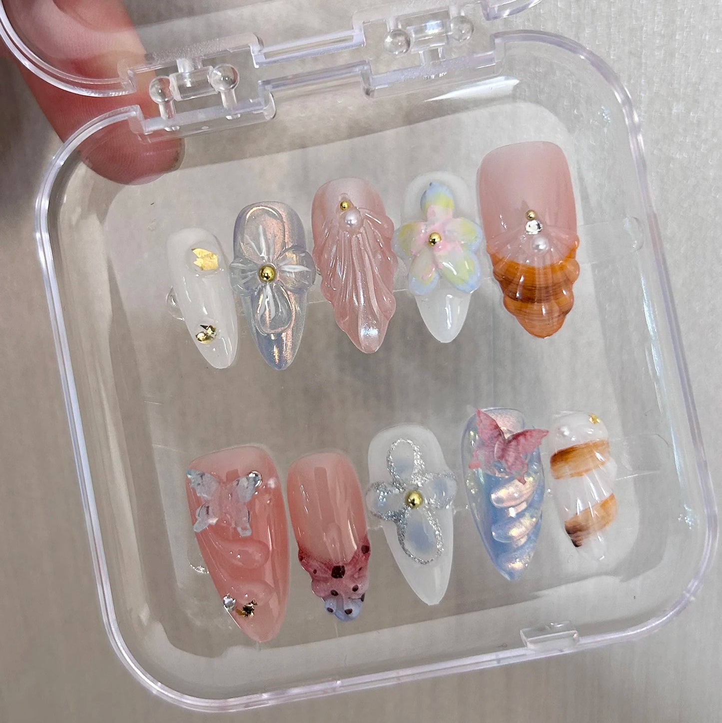 10Pcs Handmade Manicure Medium Almond Ballet Fake Nails Shell Limite Nails Press On Nails Design with Adhesive Nail File Set