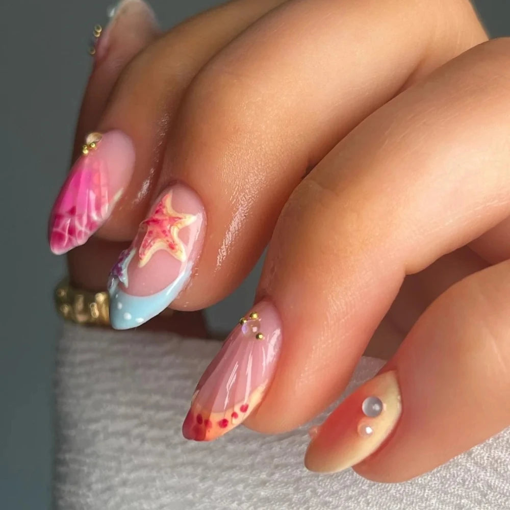 10Pcs Handmade Manicure Short Almond Fake Nails Cute Shell Limited Press On Nails 3D Painting Design with Adhesive Nail File Set
