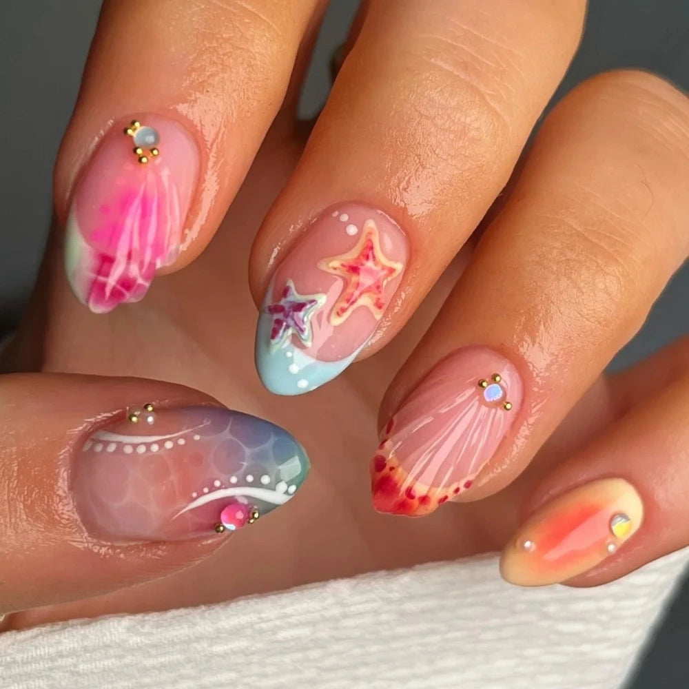 10Pcs Handmade Manicure Short Almond Fake Nails Cute Shell Limited Press On Nails 3D Painting Design with Adhesive Nail File Set