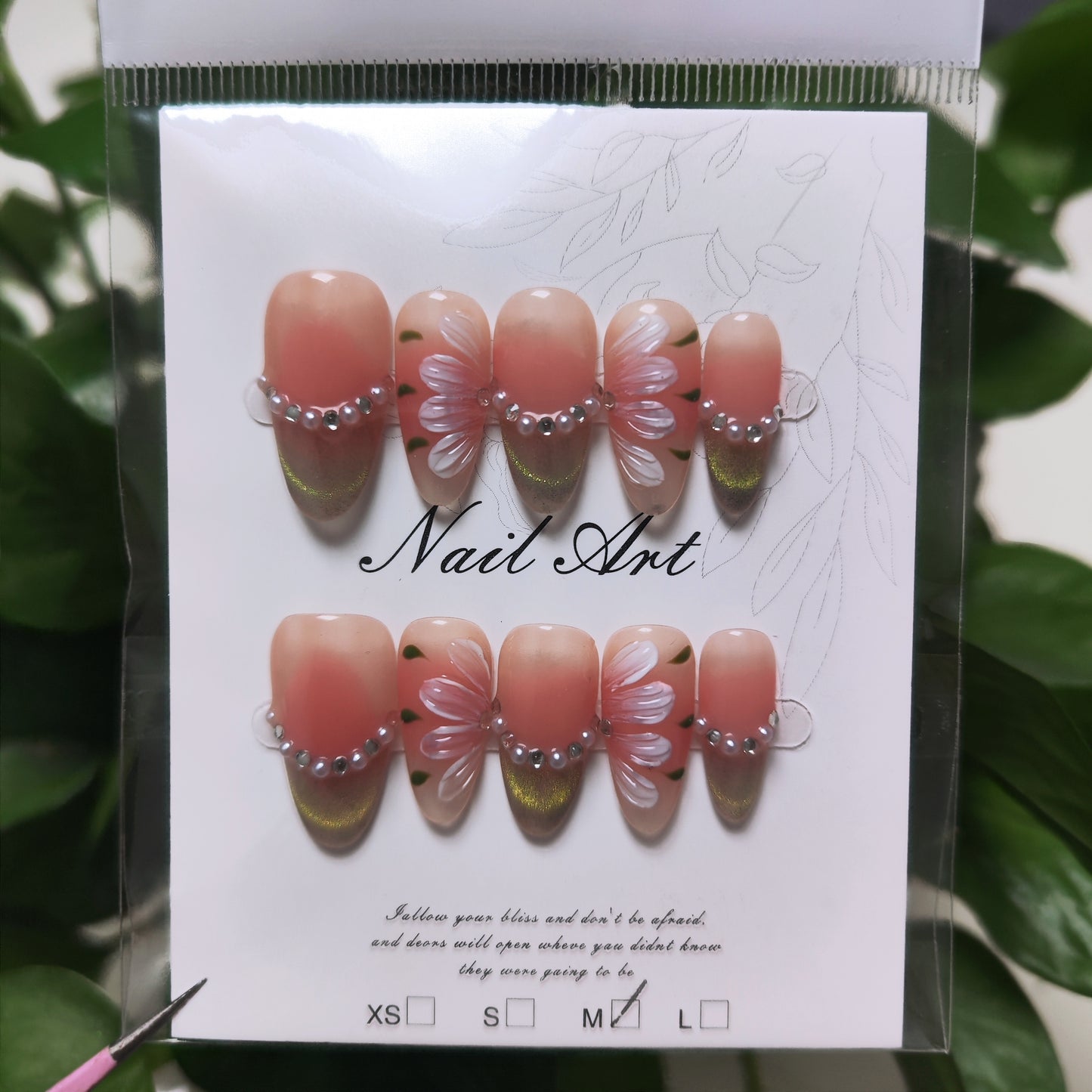 Handmade press-on nails almond flowers